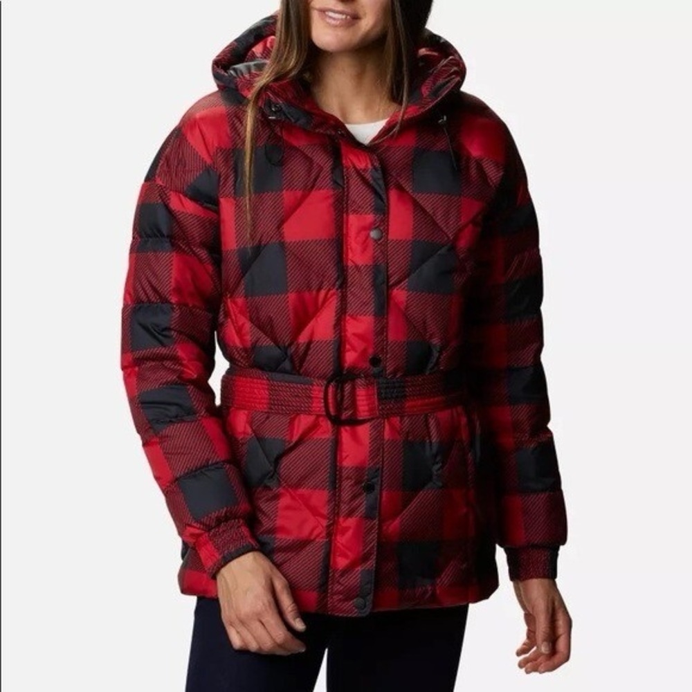 Columbia Women's Red and Black Icy Heights Belted Hooded Jacket. New with Tags!